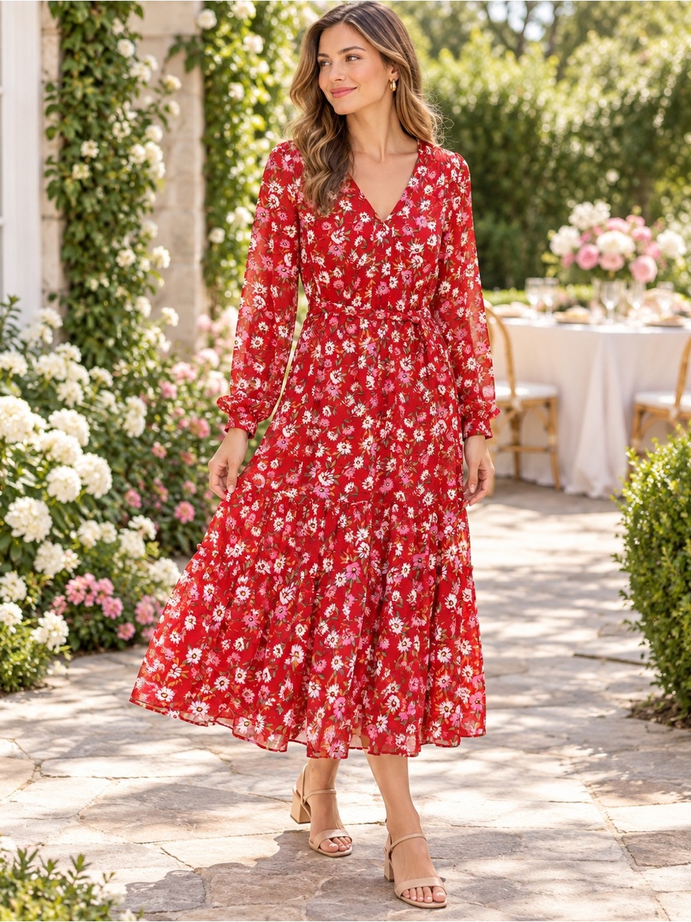 Draper James RSVP Red Floral Sheer Sleeve Midi Dress Medium